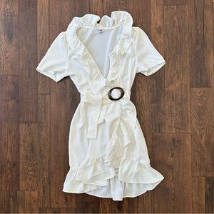 Fashion Nova White Ruffle Wrap Mini Dress - Size Medium